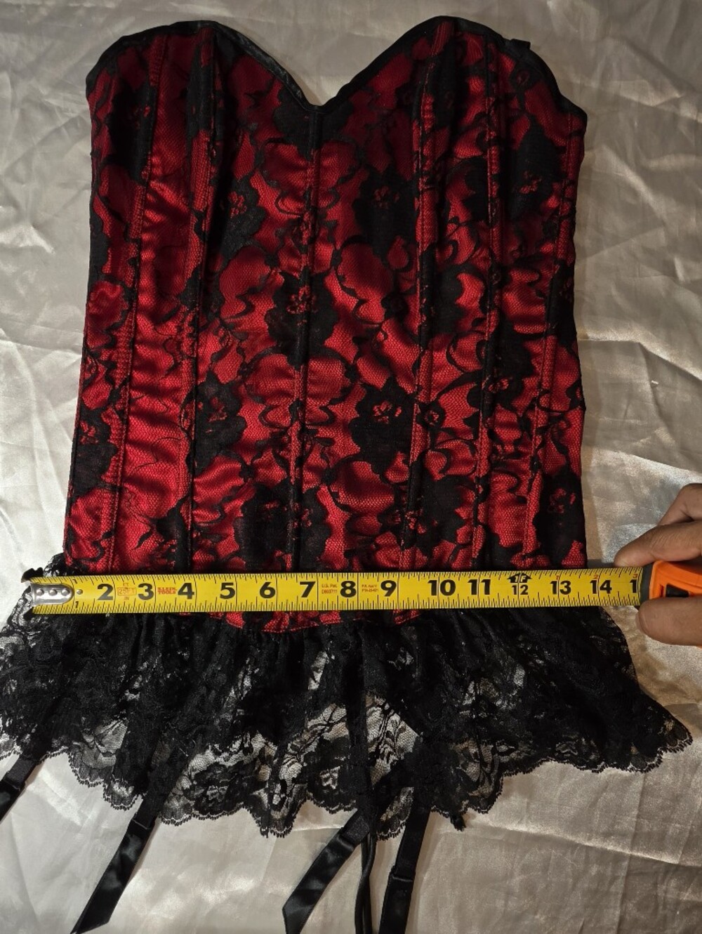 Red Satin Lace Corset Bustier with Black Lace Trim - Women Intimates - Picture 5 of 16
